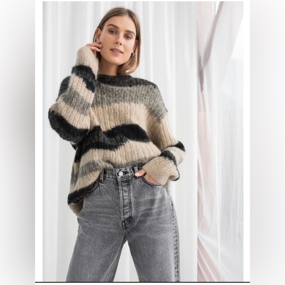 & Other Stories Women’s Asymmetrical Black Brown Striped Pullover Sweater Size S
